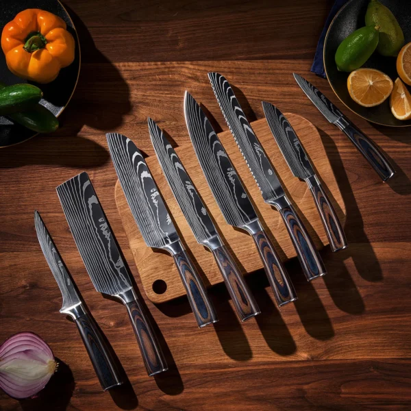 16-Piece Natural Acacia Wood Knife Block Set - Damascus Pattern Kitchen Shears - Image 2
